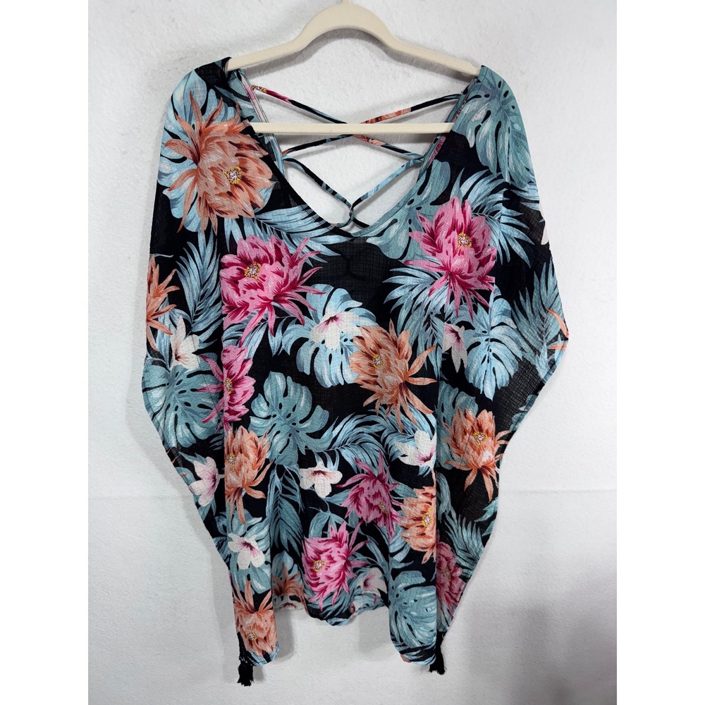 Kona Sol Women L Black Floral Swim Cover Up Lace Up Back Kaftan